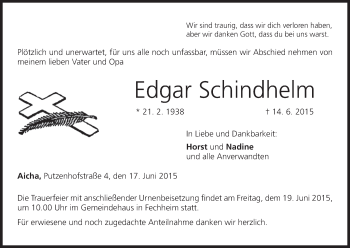 Anzeige von Edgar Schindhelm von MGO