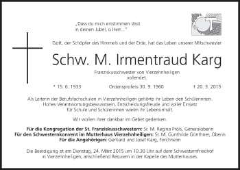Anzeige von Irmentraud Karg von MGO