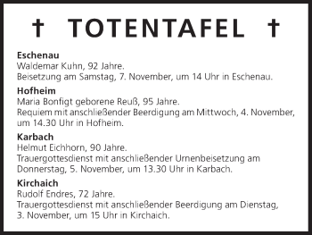 Anzeige von Totentafel vom 03.11.2015 von MGO