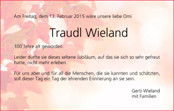 Anzeige von Traudl Wieland von MGO
