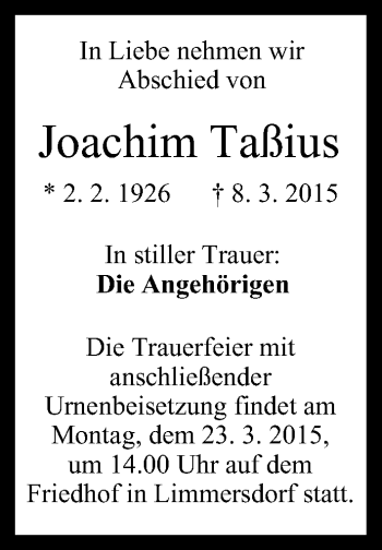 Anzeige von Joachim Taßius von MGO