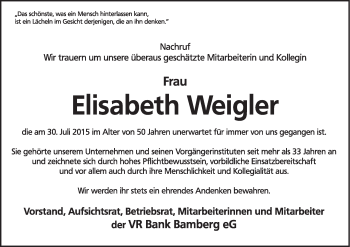Anzeige von Elisabeth Weigler von MGO