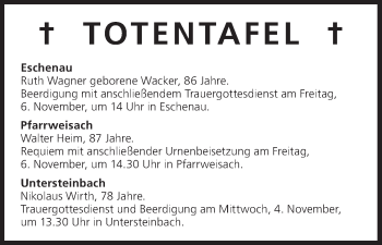 Anzeige von Totentafel vom 04.11.2015 von MGO