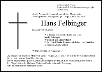 Anzeige von Hans Felbinger von MGO
