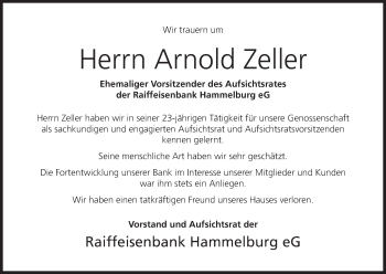 Anzeige von Arnold Zeller von MGO