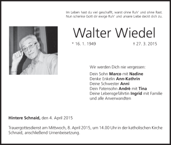 Anzeige von Walter Wiedel von MGO