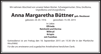 Anzeige von Anna Margaretha Büttne von MGO