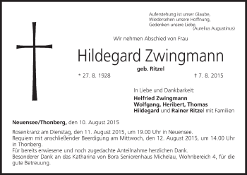 Anzeige von Hildegard Zwingmann von MGO
