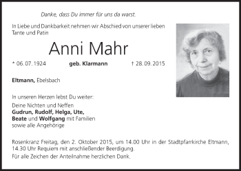 Anzeige von Anni Mahr von MGO