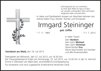 Anzeige von Irmgard Steinfinger von MGO