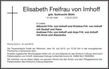 Anzeige von Elisabeth Freifrau von Imhoff von MGO