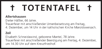 Anzeige von Totentafel vom 04.12.2015 von MGO