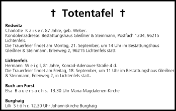 Anzeige von Totentafel vom 18.09.2015 von MGO