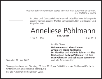 Anzeige von Anneliese Pöhlmann von MGO