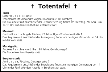 Anzeige von Totentafel vom 15.04.2015 von MGO