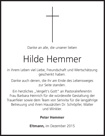 Anzeige von Hilde Hemmer von MGO