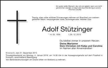 Anzeige von Adolf Stützinger von MGO