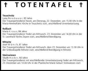 Anzeige von Totentafel vom 22.12.2015 von MGO