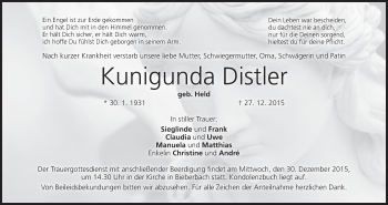 Anzeige von Kunigunda Distler von MGO