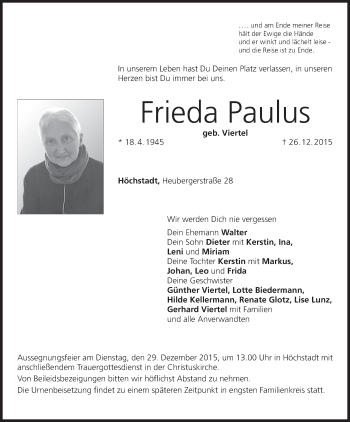 Anzeige von Frieda Paulus von MGO