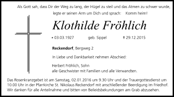 Anzeige von Klothilde Fröhlich von MGO