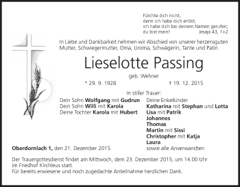 Anzeige von Lieselotte Passing von MGO