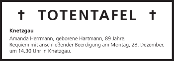 Anzeige von Totentafel vom 28.12.2015 von MGO