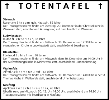 Anzeige von Totentafel vom 29.12.2015 von MGO