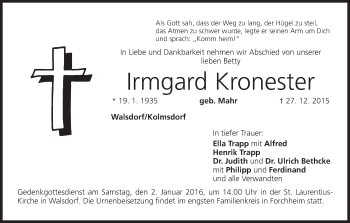 Anzeige von Irmgard Kronester von MGO