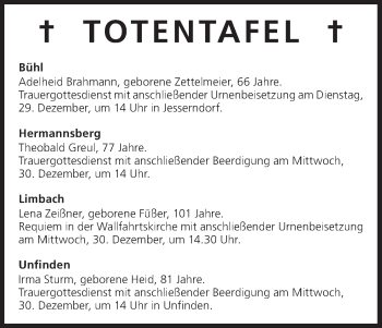 Anzeige von Totentafel vom 29.12.2015 von MGO