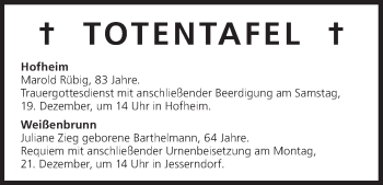 Anzeige von Totentafel vom 19.12.2015 von MGO