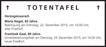 Anzeige von Totentafel vom 19.12.2015 von MGO