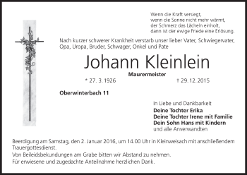 Anzeige von Johann Kleinlein von MGO