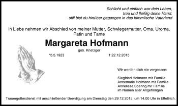 Anzeige von Margareta Hofmann von MGO