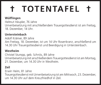 Anzeige von Totentafel vom 18.12.2015 von MGO