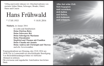 Anzeige von Hans Frühwald von MGO