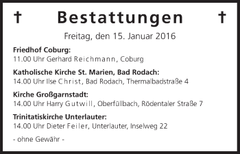 Anzeige von Bestattungen vom 15.01.2016 von MGO