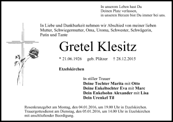 Anzeige von Gretel Klesitz von MGO
