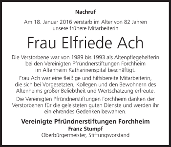 Anzeige von Elfriede Ach von MGO