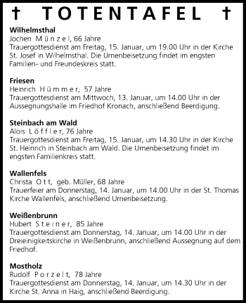 Anzeige von Totentafel vom 13.01.2016 von MGO