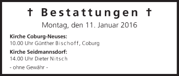 Anzeige von Bestattungen vom 11.01.2016 von MGO