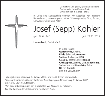 Anzeige von Josef Kohler von MGO