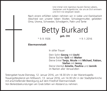 Anzeige von Betty Burkard von MGO