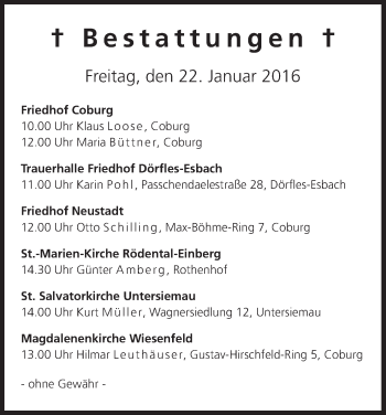 Anzeige von Bestattungen vom 22.01.2016 von MGO