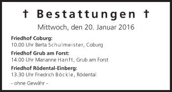 Anzeige von Bestattungen vom 20.01.2016 von MGO