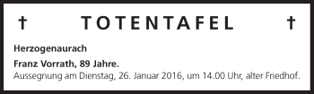 Anzeige von Totentafel vom 22.01.2016 von MGO