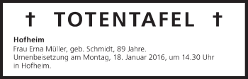 Anzeige von Totentafel vom 16.01.2016 von MGO
