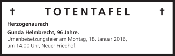 Anzeige von Totentafel vom 15.01.2016 von MGO