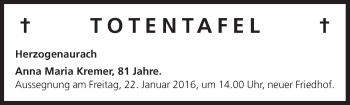 Anzeige von Totentafel vom 20.01.2016 von MGO