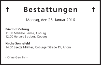 Anzeige von Bestattungen vom 25.01.2016 von MGO